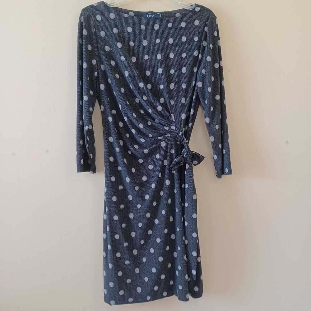 Chaps Dress L Sheath Knee Length 3/4 Sleeve Gray Polka Dot Travel Office Stretch - Picture 2 of 9